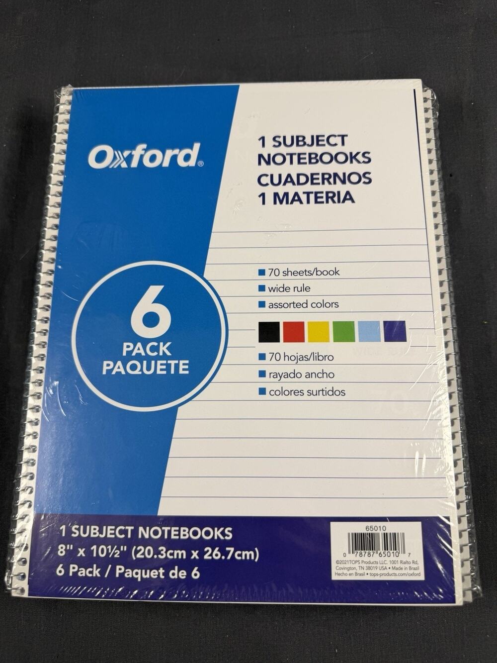 Oxford 6 Pack Spiral Wide Ruled Notebooks for School and Office Use, 1 Subject